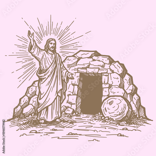 The Resurrection of Jesus Christ Illustration, Empty Tomb and Risen Savior, Vintage Style Monochromatic Line Art