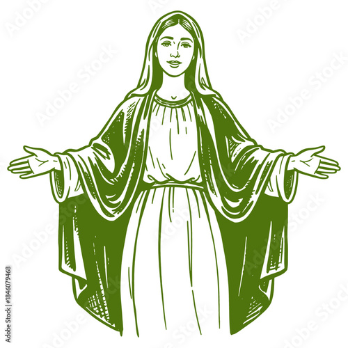 Virgin Mary Vector Illustration. Catholic Madonna figure drawing in vintage woodcut style. Holy icon with outstretched, welcoming arms.