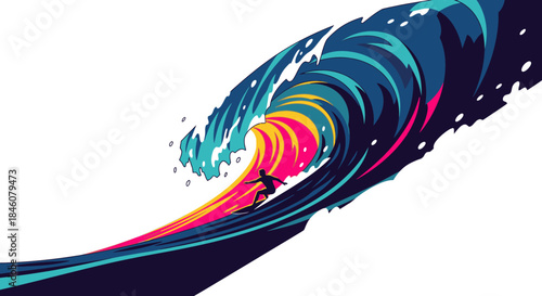 Dynamic vector illustration of a surfer riding a massive, colorful ocean wave with vibrant hues of blue, pink, and yellow, showcasing extreme sports and summer adventure.