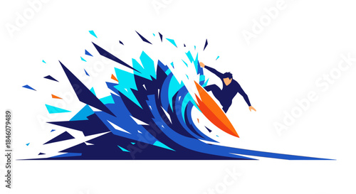Dynamic geometric illustration of a surfer riding a powerful blue ocean wave, with abstract fragmented elements conveying speed and energy, isolated on white background.
