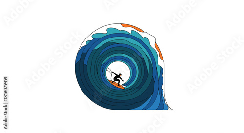 Stylized graphic of a kitesurfer expertly navigating a massive, spiraling blue ocean wave, symbolizing freedom and thrill.
