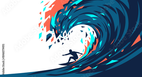Dynamic abstract illustration of a surfer riding a powerful ocean wave, depicted with vibrant geometric fragments and a modern artistic style, symbolizing energy and adventure.