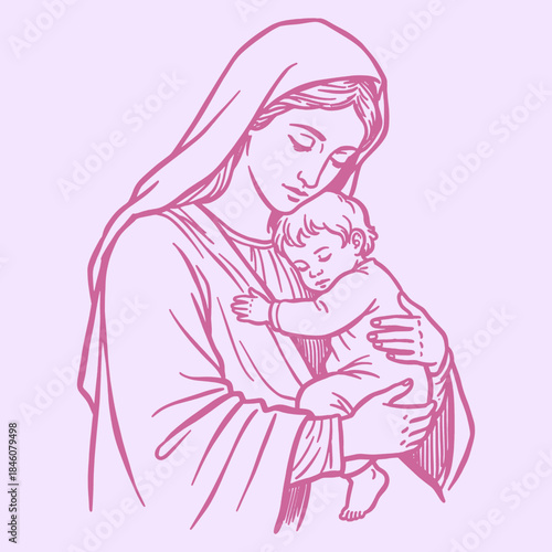 Virgin Mary and Baby Jesus Hug Illustration. Hand Drawn Madonna and Child Vector Art in Pink Sketch Style for Spiritual Design.