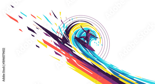 Dynamic abstract illustration of a surfer riding a colorful, stylized wave with energetic splashes and circles