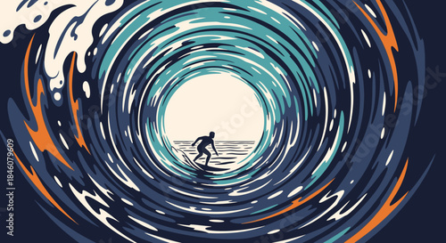 Surfer riding a massive wave, tunnel vision effect with swirling water, dynamic ocean sport illustration