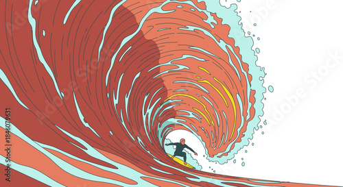 Surfer riding a massive, stylized red wave with yellow highlights, creating a dramatic barrel effect against a white background.