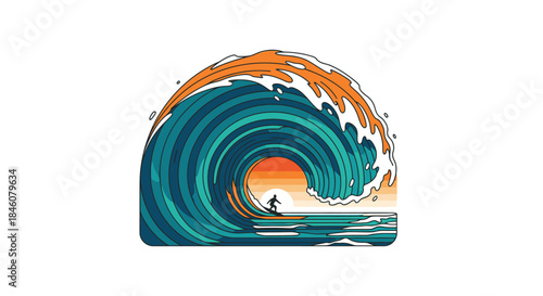 Surfer riding a massive, powerful ocean wave during a vibrant sunset, dynamic water art