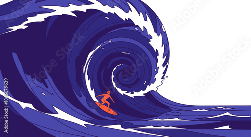 Surfer riding a massive, powerful blue wave with white foam against a white background, dynamic illustration