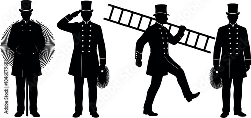 flavector chimney sweep silhouettes with brushes and ladder in walking, saluting and standing poses
