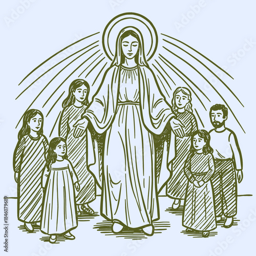 Divine Apparition: Hand Drawn Sketch of Virgin Mary Blessing the Faithful | Religious Christian Vector Art and Devotional Line Drawing