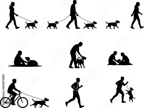 flavector dog interaction silhouettes showing walking, jogging, training, playing and cycling with pets