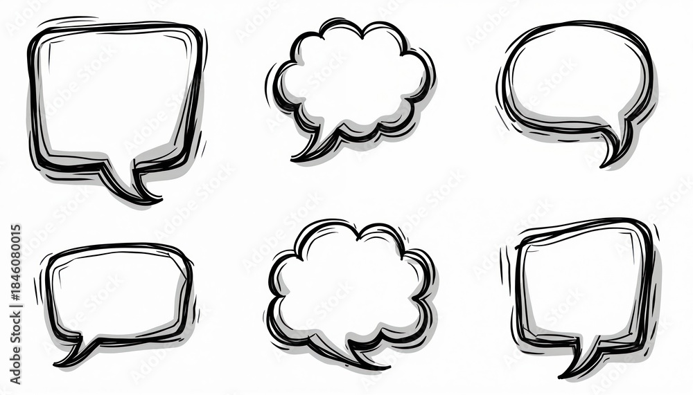 Fototapeta premium Set of sketchy speech bubbles and thought balloons. Blank comic style shapes for dialogue text. Add your words or drawings to create story elements. Use for ideas, messages or conversations.