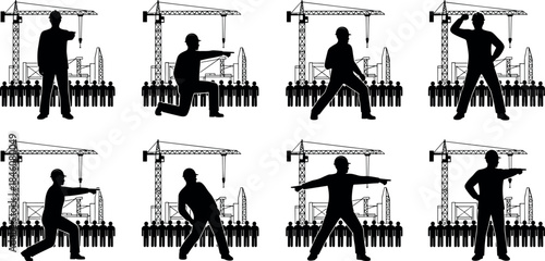 flavector construction worker silhouettes using hand signals with cranes and scaffolding in background