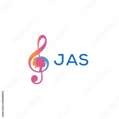  “Creative music logo with human silhouettes and treble clef in gradient colors, JAS  Later Logo, modern artistic design isolated on white background”
