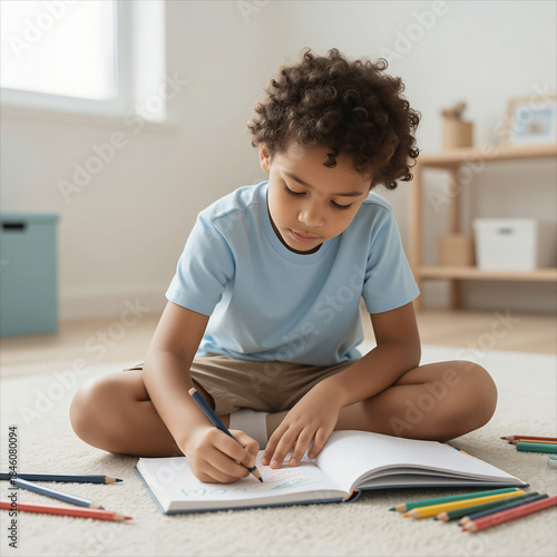 Concentrated Young Boy Studying at Home, Drawing in Notebook with Pencils