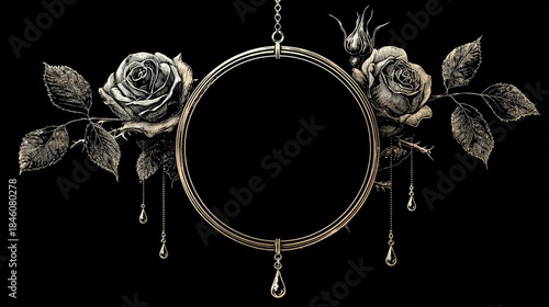 Ornate circular frame embellished with detailed antique rose illustrations and hanging jeweled drops on a black background