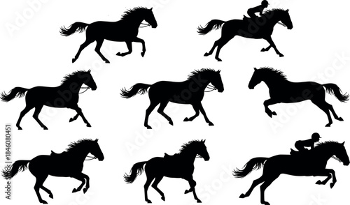 flavector racehorse silhouette set – galloping horses with jockeys in dynamic running and jumping poses