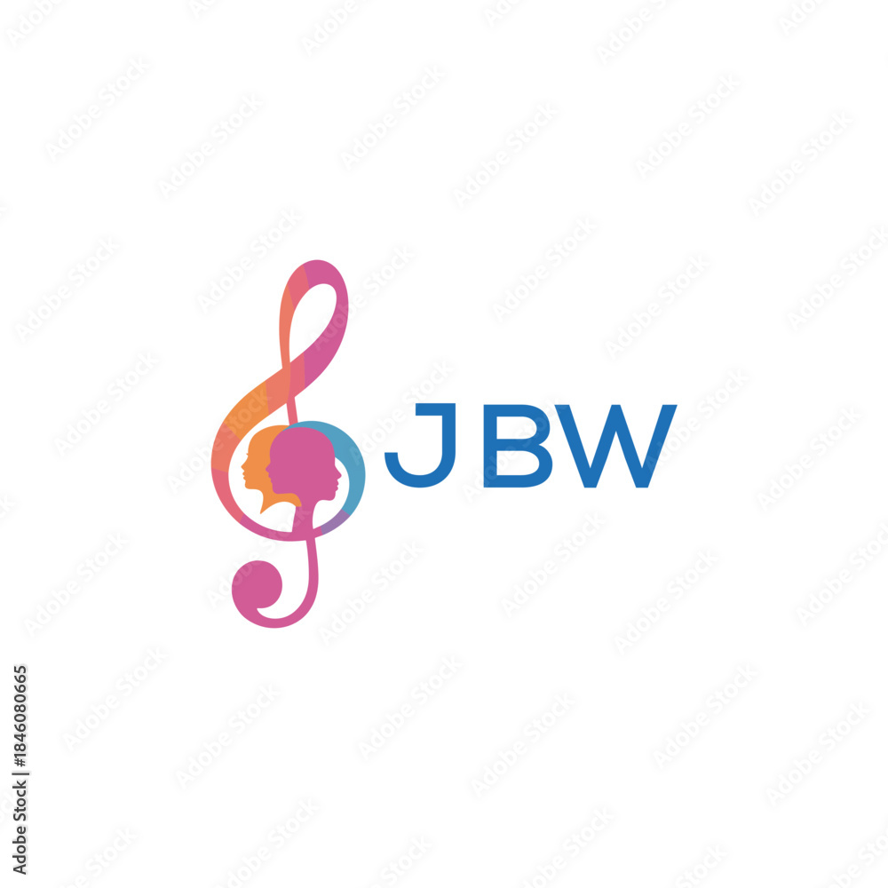 Fototapeta premium “Creative music logo with human silhouettes and treble clef in gradient colors, JBW Later Logo, modern artistic design isolated on white background” 