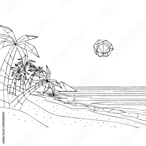 Coastal Geometric Harmony: An artistic, geometric rendition of a serene coastline scene unfolds, featuring stylized palm trees, a calm ocean, and a minimalist sun, all rendered in simple lines.