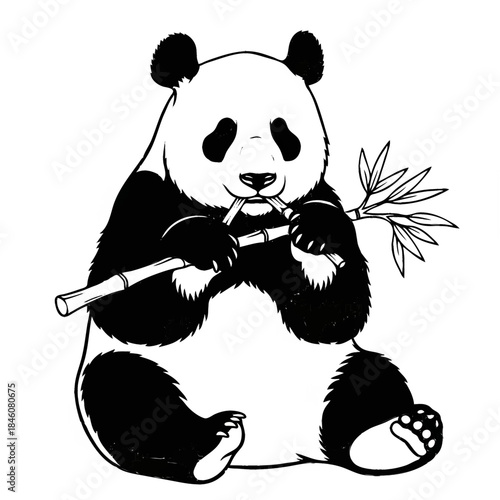 Panda with Bamboo: An adorable panda enjoys a snack of bamboo, its black and white fur contrasting against the green of the bamboo, embodying tranquility and the beauty of nature.