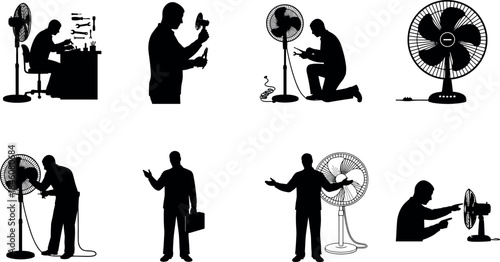 flavector: Silhouette Fan Repair Process with Tools, Technicians, Inspection, Assembly, and Final Appliance Display