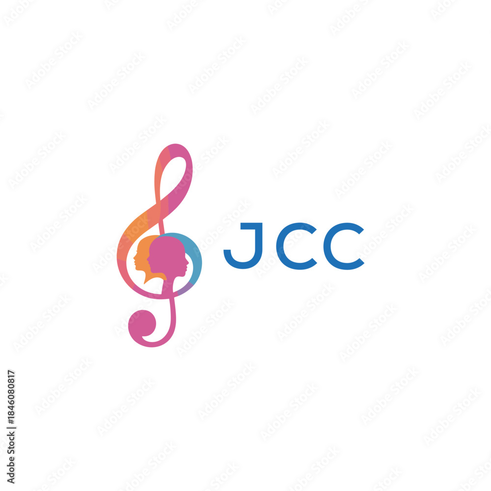 Fototapeta premium “Creative music logo with human silhouettes and treble clef in gradient colors, JCC Later Logo, modern artistic design isolated on white background” 
