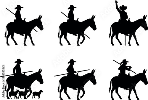 flavector: Silhouette Rider on Donkey in Various Poses with Stick, Animals, and Wide-Brimmed Hat