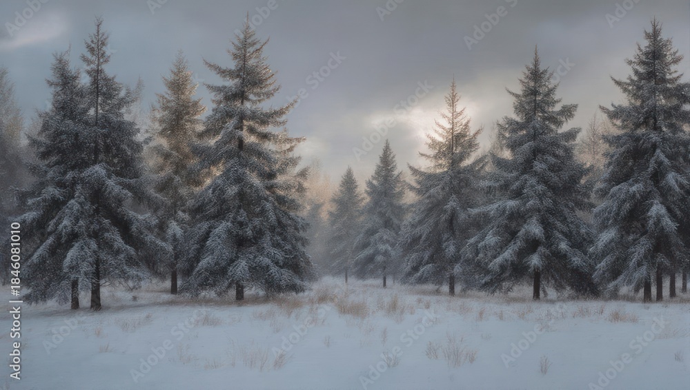 Fototapeta premium Serene Winter Forest Landscape with Snow-Covered Evergreen Trees.