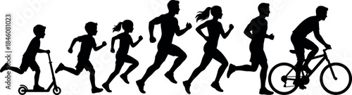 flavector silhouette sequence showing age progression and diverse physical activities from childhood to adulthood