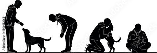flavector silhouette sequence of human bonding with dog through progressive interaction and emotional connection