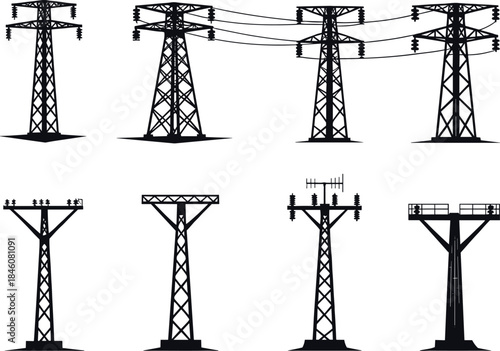 flavector silhouette set of transmission towers and utility poles for electrical infrastructure illustration