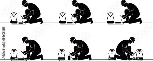 flavector technician silhouettes working with wireless router and tablet during Wi-Fi setup and maintenance