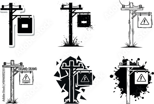 flavector stylized utility poles with hanging signs and lightning bolt symbols in artistic silhouette scenes