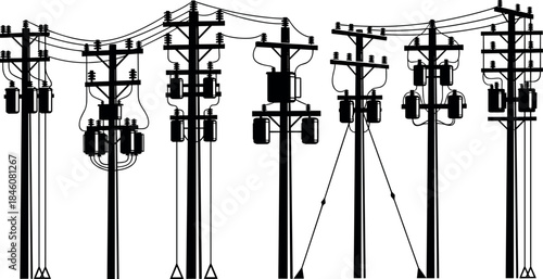 flavector utility pole illustrations with transformers and insulators for electrical distribution infrastructure design