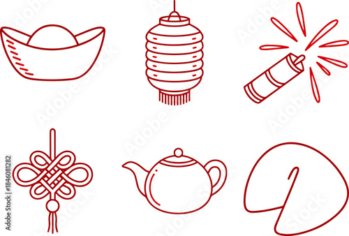 Chinese New Year Line Icons Set
