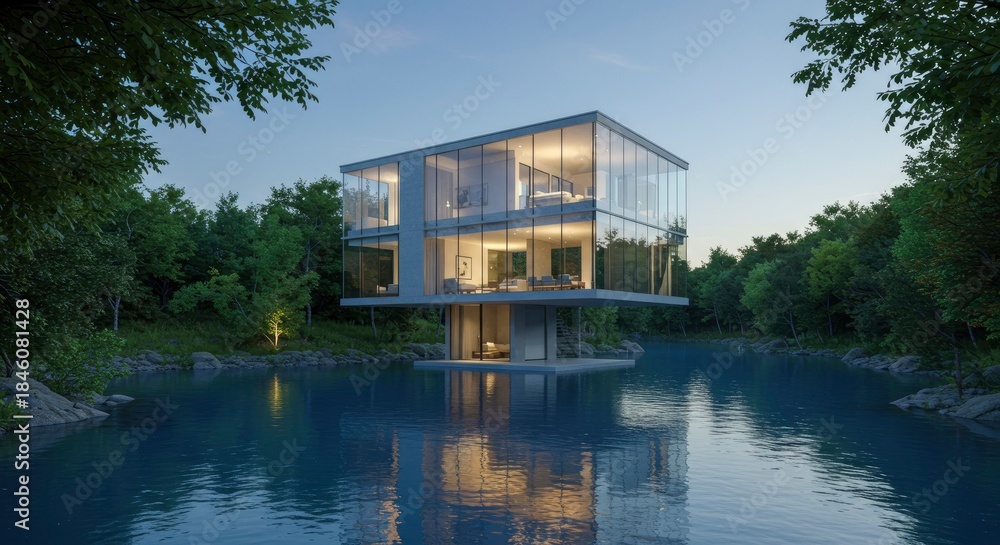 Obraz premium Modern Glass House Floating on Serene Lake Surrounded by Lush Forest