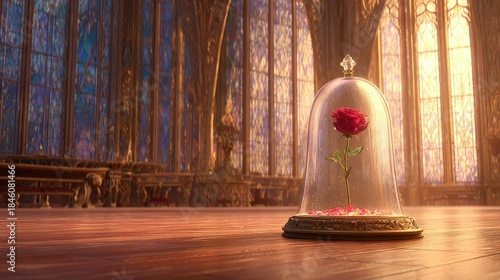 Enchanted single red rose rests under a glass dome inside a majestic ballroom