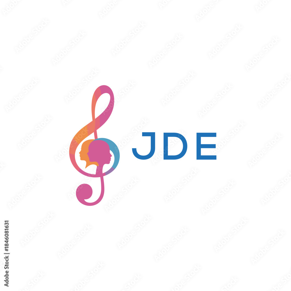 Fototapeta premium “Creative music logo with human silhouettes and treble clef in gradient colors, JDE Later Logo, modern artistic design isolated on white background” 