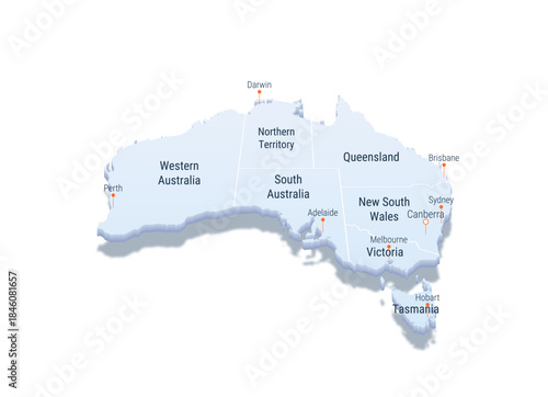 Perspective 3D Australia map. Stylized vector map illustration with cities, borders, capital, administrative divisions and pointer marks.