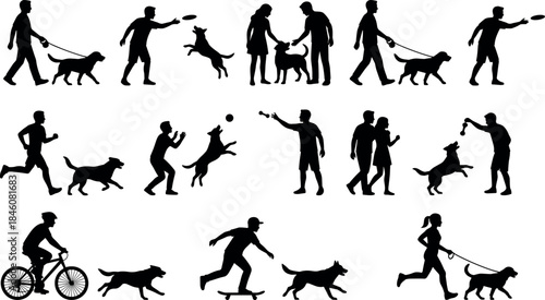 flavector, dog, owner, silhouettes, walking, playing, running, biking, skateboarding, training, pet, interaction, outdoor, activity, companionship, bond