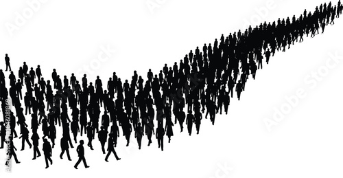 Silhouetted crowd walking upward, collective movement, social dynamics, population trend, unity, human figures, abstract path, migration concept, progress, direction