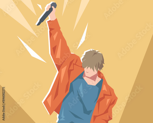 illustration of a male singer holding up a microphone during a concert. Vector illustration.