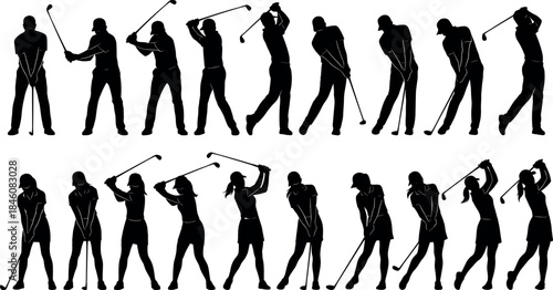flavector, golf, swing, silhouette, male, female, sequence, posture, stance, impact, follow-through, sport, training, motion, technique