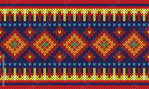 A traditional-inspired knit pattern with diamond shapes and colorful decorative borders.