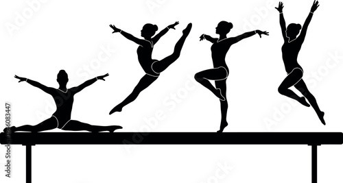 flavector, gymnastics, silhouette, balance beam, athlete, pose, jump, split, leap, sport, motion, grace, precision, routine, performance