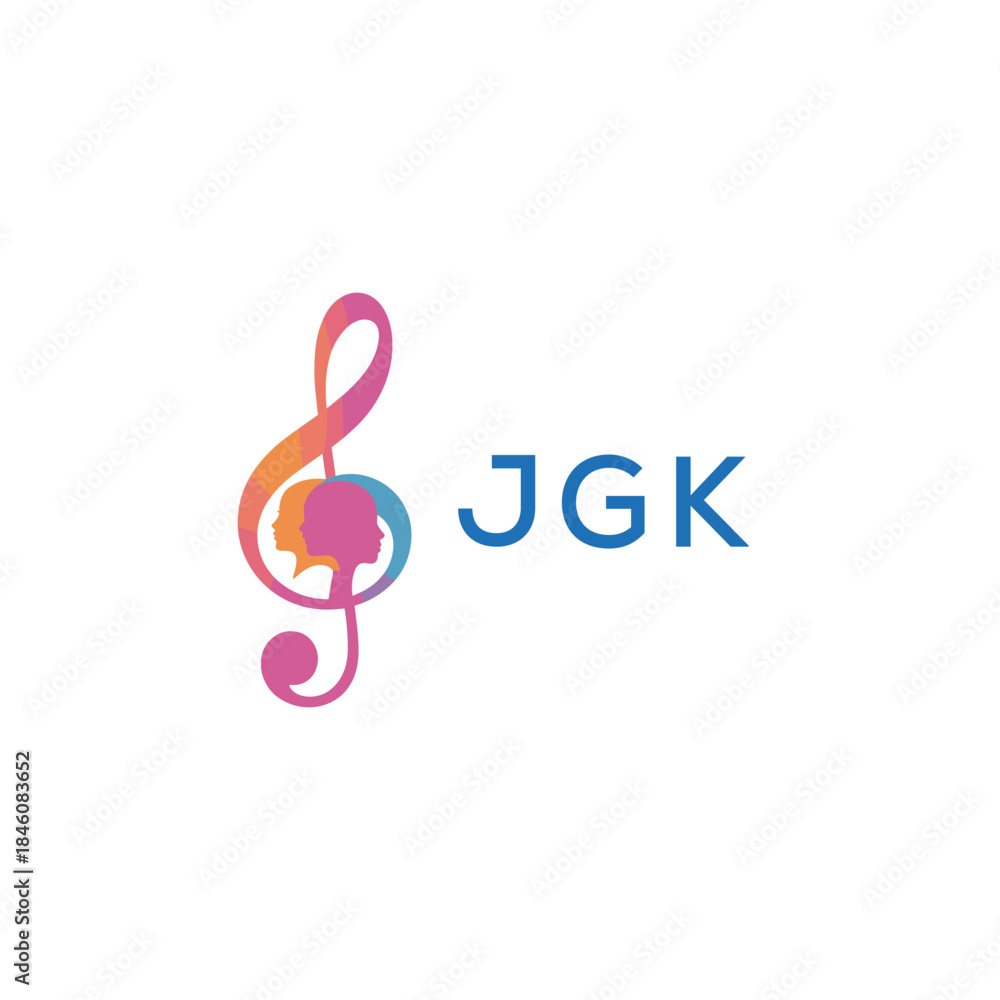 Naklejka premium “Creative music logo with human silhouettes and treble clef in gradient colors, JGK Later Logo, modern artistic design isolated on white background”