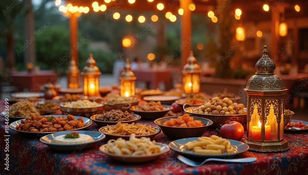 Naklejka premium Ornate Arabic table laden with diverse dishes and illuminated by traditional lanterns. Festive evening meal setup for celebration with family and friends outdoors.
