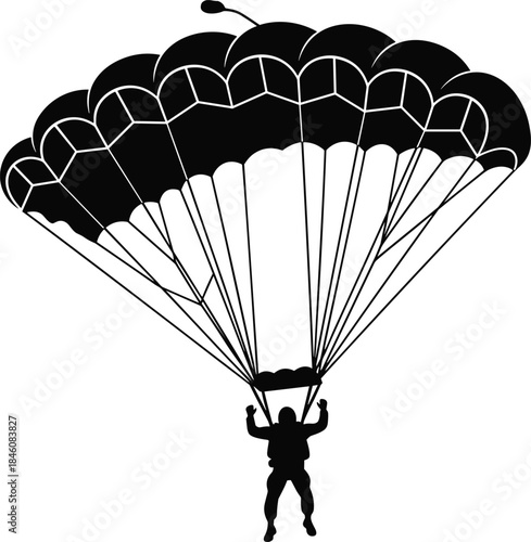 Black silhouette of paraglider with open parachute, skydiving extreme sports icon, man flying in sky vector illustration for adventure design.