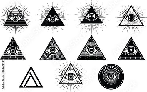 All-seeing eye pyramid symbols, mystical triangle illustrations, esoteric occult designs, sacred geometry icons, detailed spiritual emblem collection