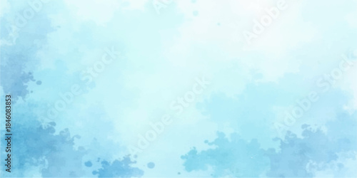 An abstract watercolor and blue grunge background featuring a textured sky pattern with light clouds and paint splashes for a winter nature design